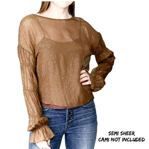 Amanda Uprichard Silk Blouse. Harvest Brown Metallic Gold. Semi Sheer. - Picture 11 of 11